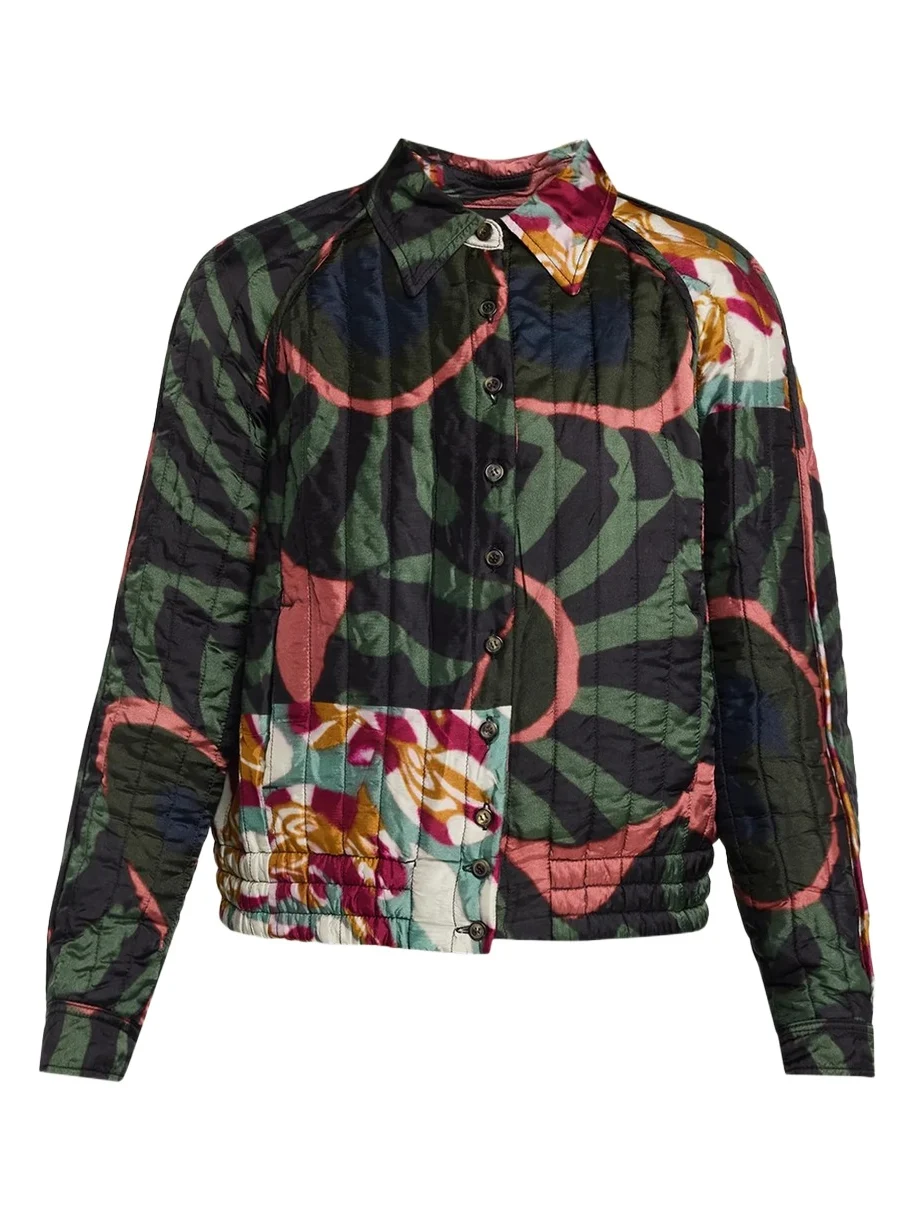 Valoria Patchwork-Print Quilted Satin Shirt Jacket Valoria Patchwork-Print Quilted Satin Shirt Jacket
