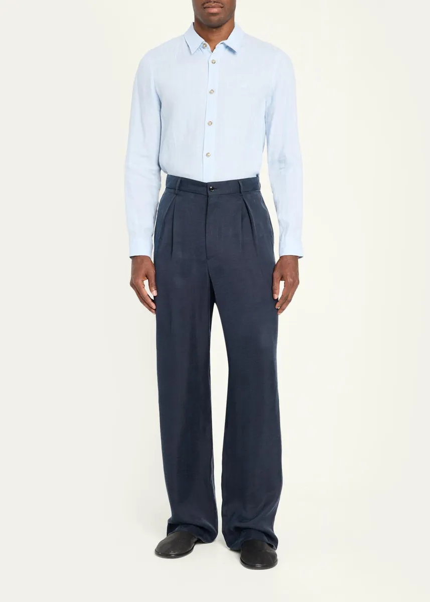 Giorgio Armani Men's Cotton and Lyocell Pleated Wide-Leg Trousers | Thumbnail 2