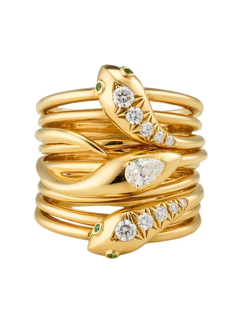 18K Yellow Gold Serpentine Ring with Diamonds and Emeralds 18K Yellow Gold Serpentine Ring with Diamonds and Emeralds