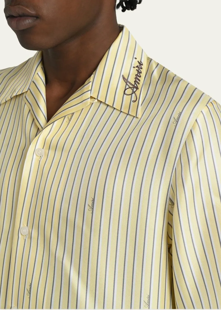 AMIRI Men's Silk Micro-Logo Stripe Short-Sleeve Shirt | Thumbnail 5 AMIRI Men's Silk Micro-Logo Stripe Short-Sleeve Shirt | Thumbnail 5