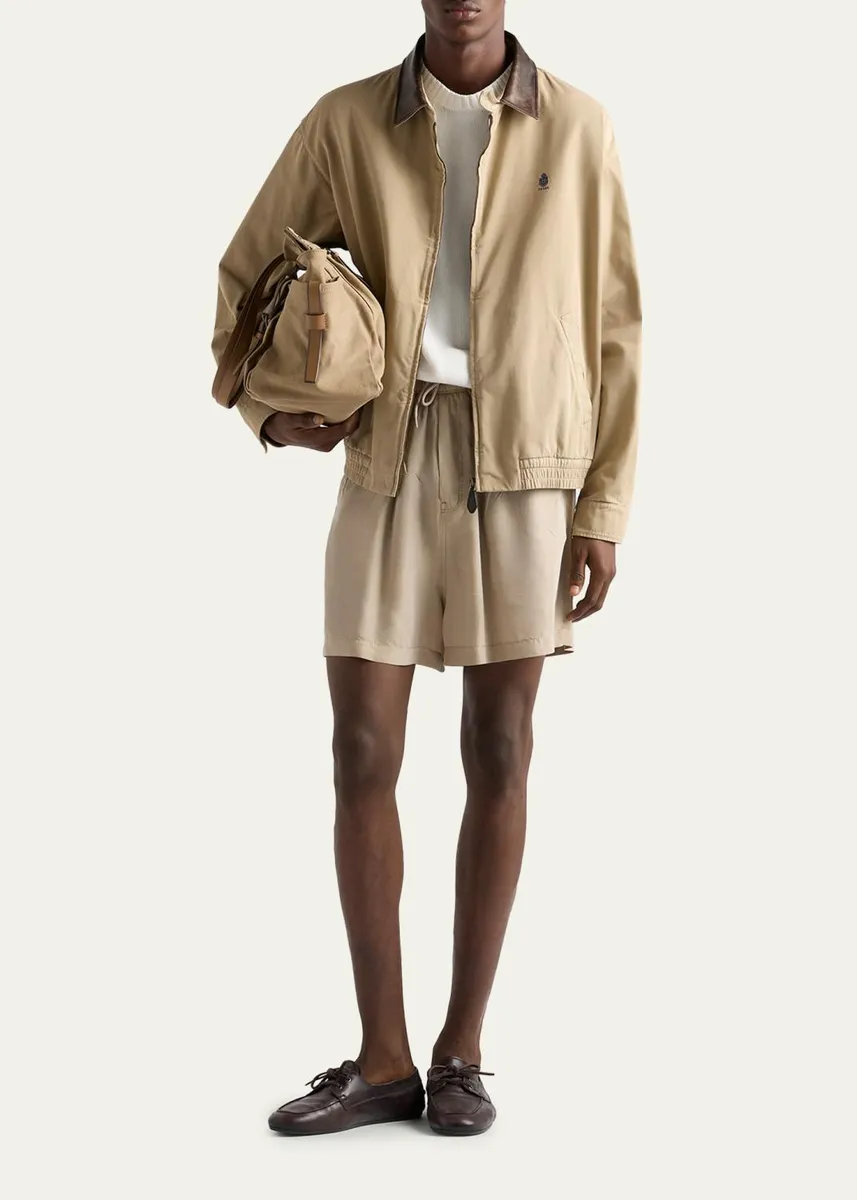Prada Men's Old Gabardine Leather-Collar Full-Zip Jacket | Thumbnail 2