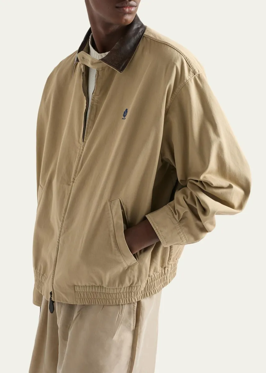 Prada Men's Old Gabardine Leather-Collar Full-Zip Jacket | Thumbnail 4