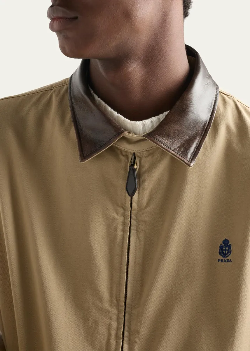 Prada Men's Old Gabardine Leather-Collar Full-Zip Jacket | Thumbnail 5