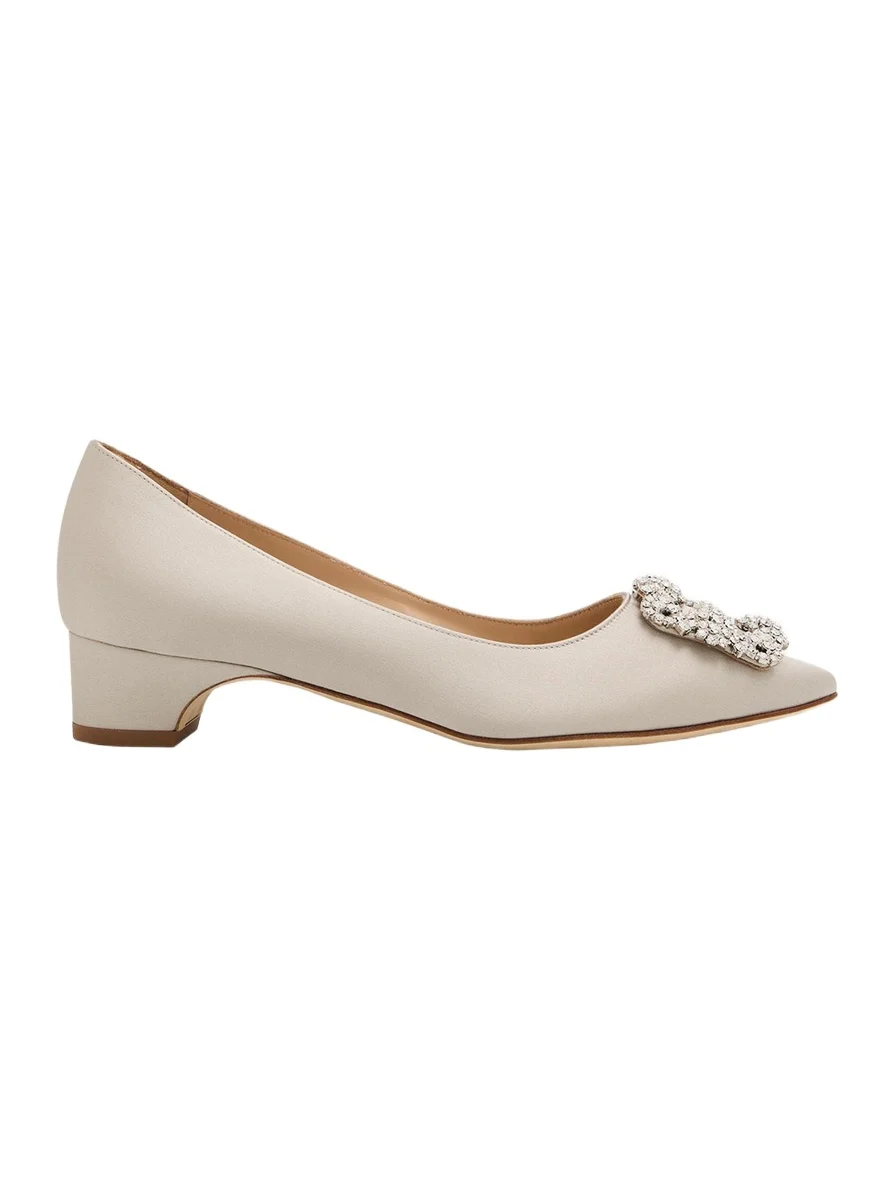 Manolo Blahnik 25mm Hangisibar Satin Crystal Buckle Pumps
