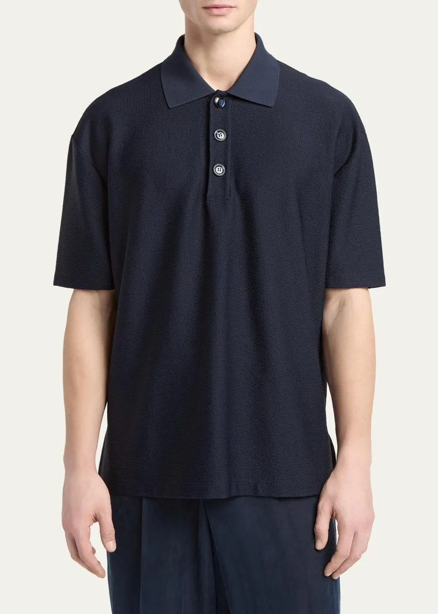 Giorgio Armani Men's Seersucker Relaxed-Fit Polo Shirt | Thumbnail 4 Giorgio Armani Men's Seersucker Relaxed-Fit Polo Shirt | Thumbnail 4