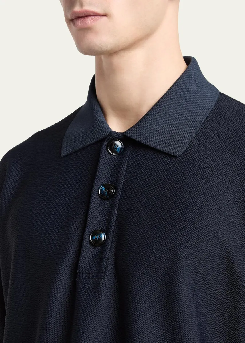 Giorgio Armani Men's Seersucker Relaxed-Fit Polo Shirt | Thumbnail 5 Giorgio Armani Men's Seersucker Relaxed-Fit Polo Shirt | Thumbnail 5