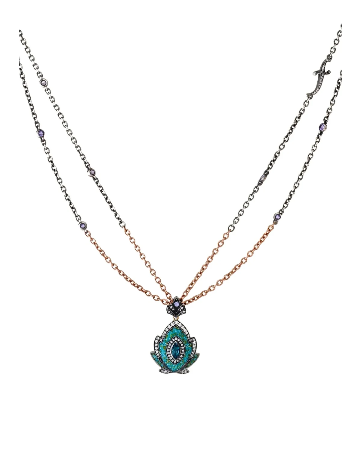 24K Yellow Gold Blue Topaz Micro Mosaic Pendant Necklace with Diamonds