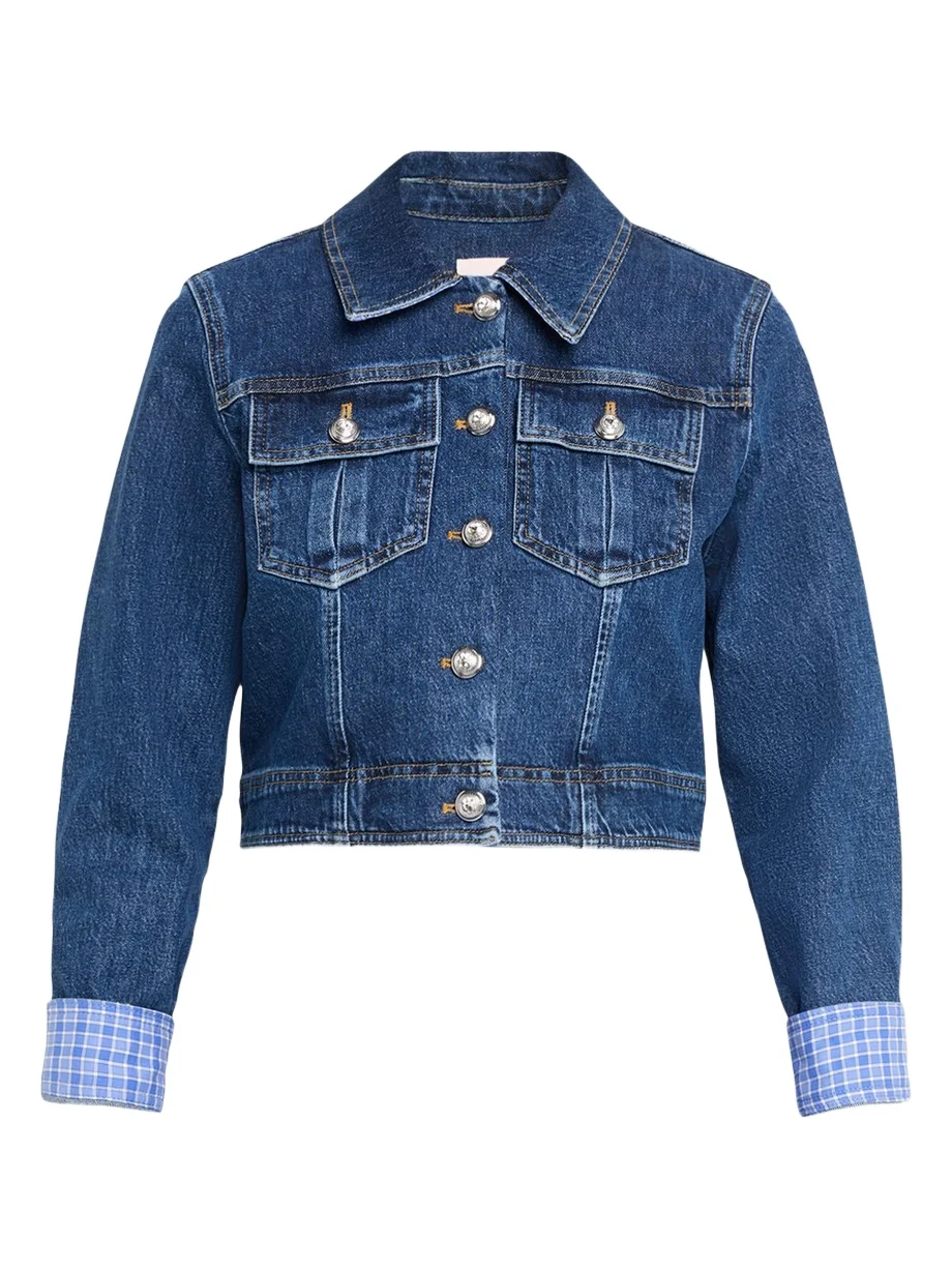 Lexie Gingham-Cuff Cropped Denim Jacket