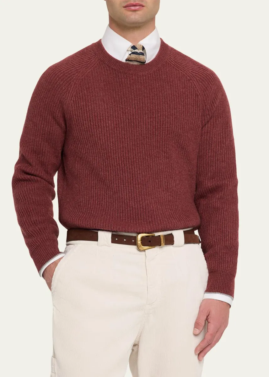 Brunello Cucinelli Men's Cashmere Rib Raglan-Sleeve Crewneck Sweater | Thumbnail 4