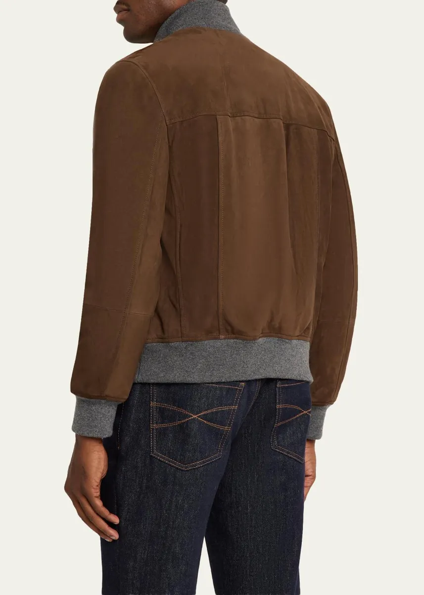 Brunello Cucinelli Men's Suede Knit-Trim Bomber Jacket | Thumbnail 3 Brunello Cucinelli Men's Suede Knit-Trim Bomber Jacket | Thumbnail 3