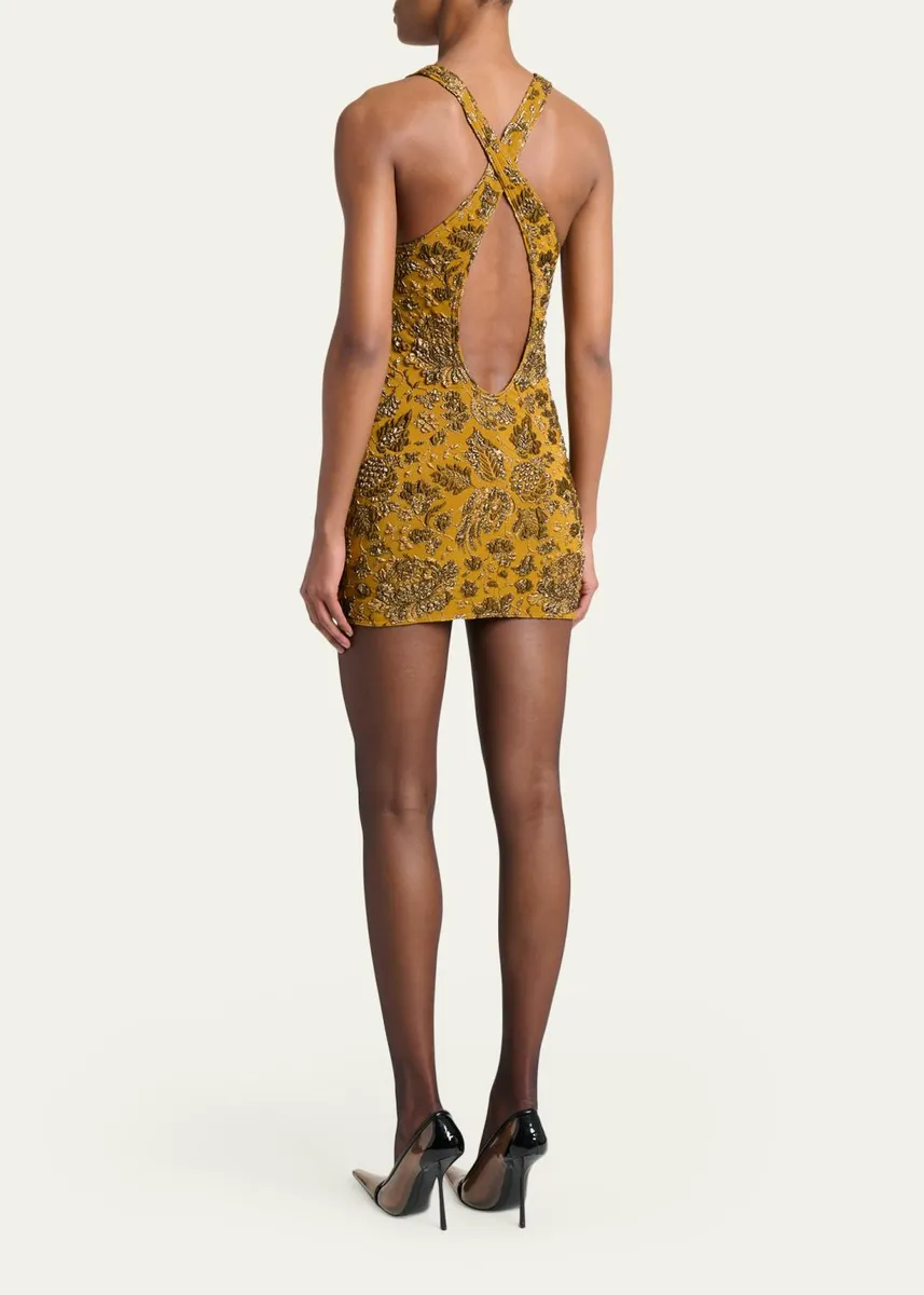 Saint Laurent Stretch Brocade Cross-Back Mini Dress | Thumbnail 3