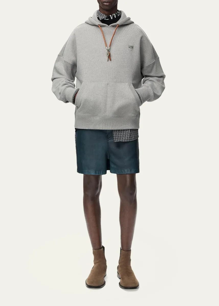 Loewe Men's Relaxed Fit Fleece Leather-Drawstring Hoodie | Thumbnail 2 Loewe Men's Relaxed Fit Fleece Leather-Drawstring Hoodie | Thumbnail 2