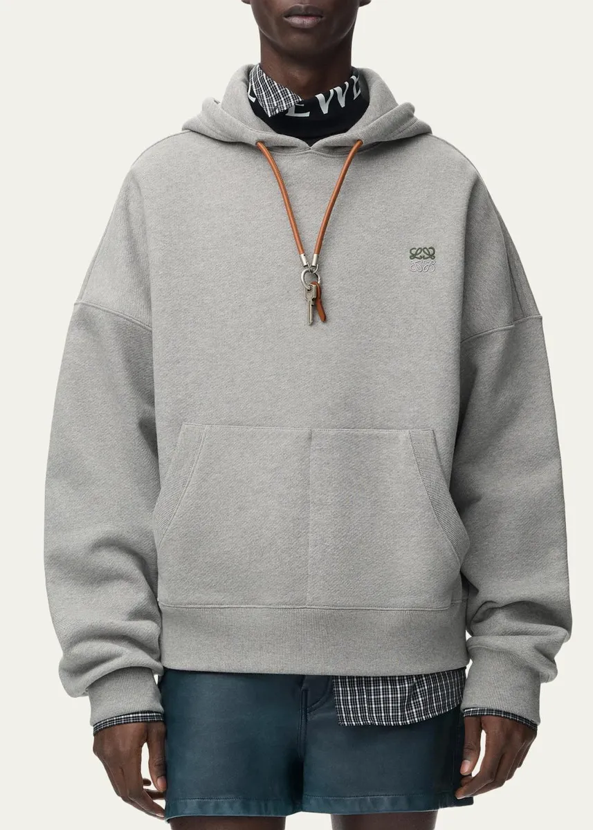 Loewe Men's Relaxed Fit Fleece Leather-Drawstring Hoodie | Thumbnail 4 Loewe Men's Relaxed Fit Fleece Leather-Drawstring Hoodie | Thumbnail 4