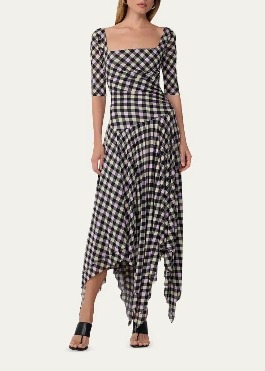 Diane von Furstenberg Leslie Gingham-Print Handkerchief Maxi Dress | Thumbnail 2