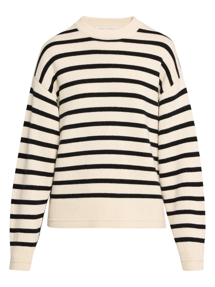 Cashmere and Cotton Stripe Ladder Stitch Crewneck Sweater