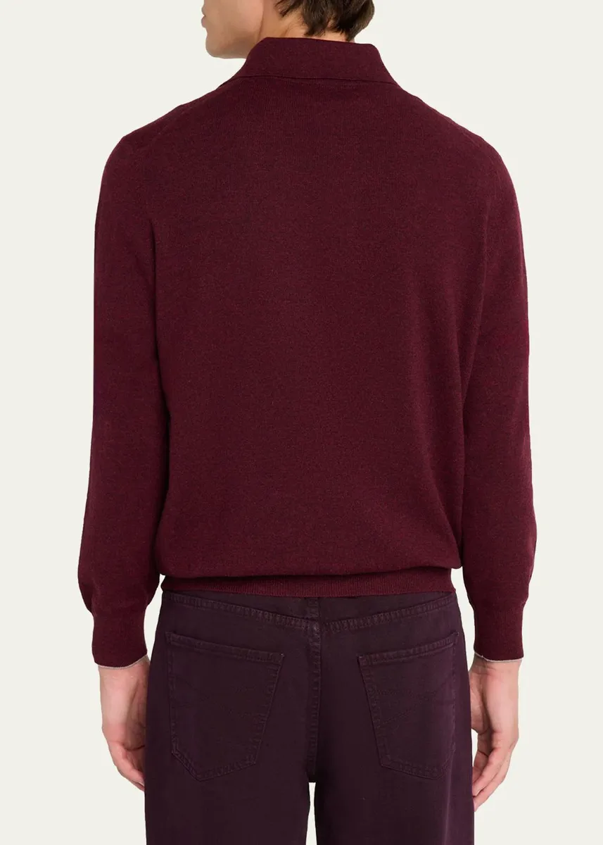 Brunello Cucinelli Men's Cashmere Knit Long-Sleeve Polo Shirt | Thumbnail 3 Brunello Cucinelli Men's Cashmere Knit Long-Sleeve Polo Shirt | Thumbnail 3