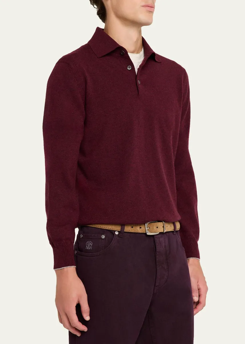 Brunello Cucinelli Men's Cashmere Knit Long-Sleeve Polo Shirt | Thumbnail 4 Brunello Cucinelli Men's Cashmere Knit Long-Sleeve Polo Shirt | Thumbnail 4