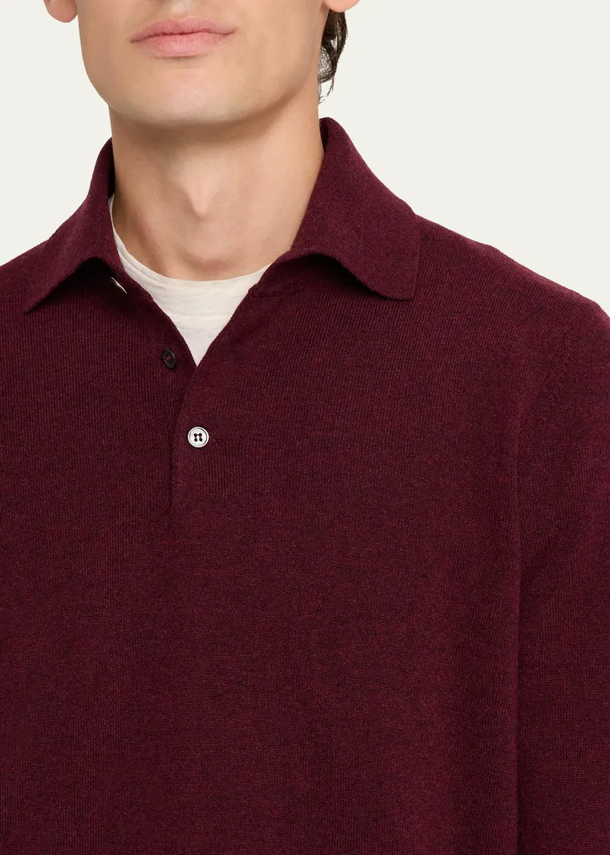 Brunello Cucinelli Men's Cashmere Knit Long-Sleeve Polo Shirt | Thumbnail 5 Brunello Cucinelli Men's Cashmere Knit Long-Sleeve Polo Shirt | Thumbnail 5