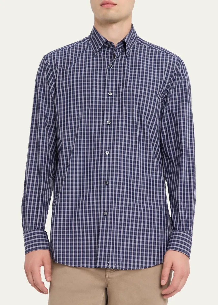 Zegna Men's Centoquaranta Cotton Plaid Button-Front Shirt | Thumbnail 4 Zegna Men's Centoquaranta Cotton Plaid Button-Front Shirt | Thumbnail 4