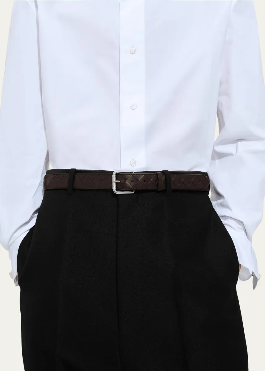 Bottega Veneta Men's Intrecciato Calf Leather Belt with Roller Buckle | Thumbnail 2