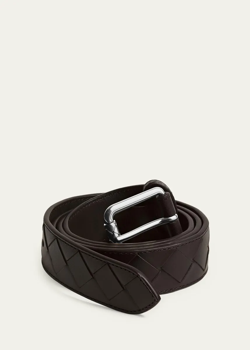 Bottega Veneta Men's Intrecciato Calf Leather Belt with Roller Buckle | Thumbnail 3