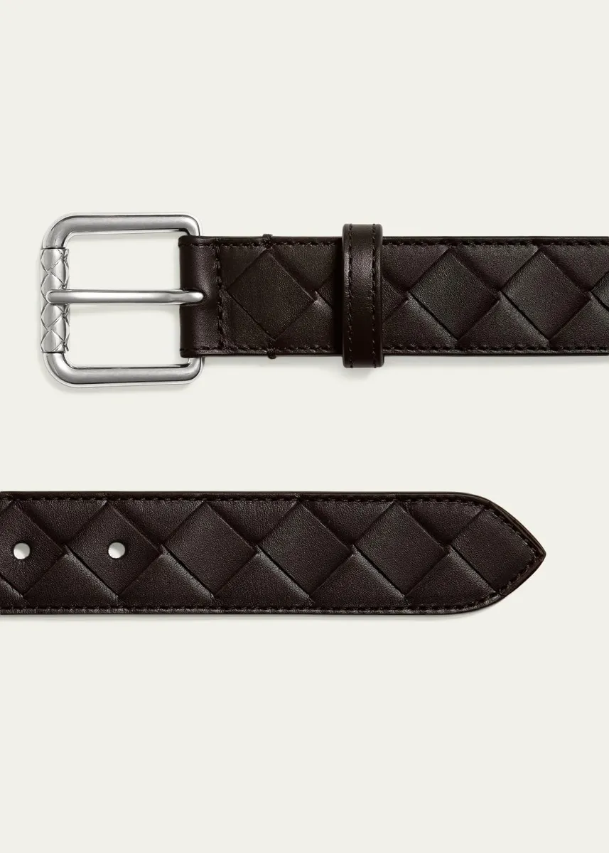 Bottega Veneta Men's Intrecciato Calf Leather Belt with Roller Buckle | Thumbnail 4