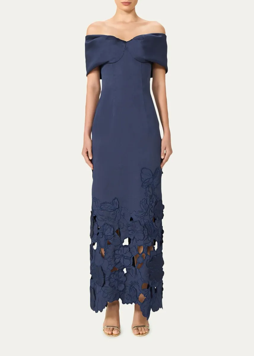Costarellos Norelle Satin Off-The-Shoulder Floral-Cut Column Gown | Thumbnail 2 Costarellos Norelle Satin Off-The-Shoulder Floral-Cut Column Gown | Thumbnail 2