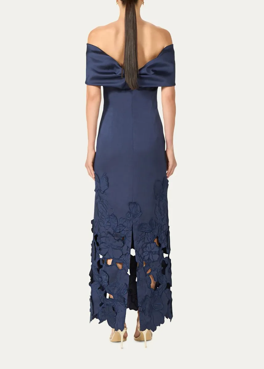Costarellos Norelle Satin Off-The-Shoulder Floral-Cut Column Gown | Thumbnail 3 Costarellos Norelle Satin Off-The-Shoulder Floral-Cut Column Gown | Thumbnail 3