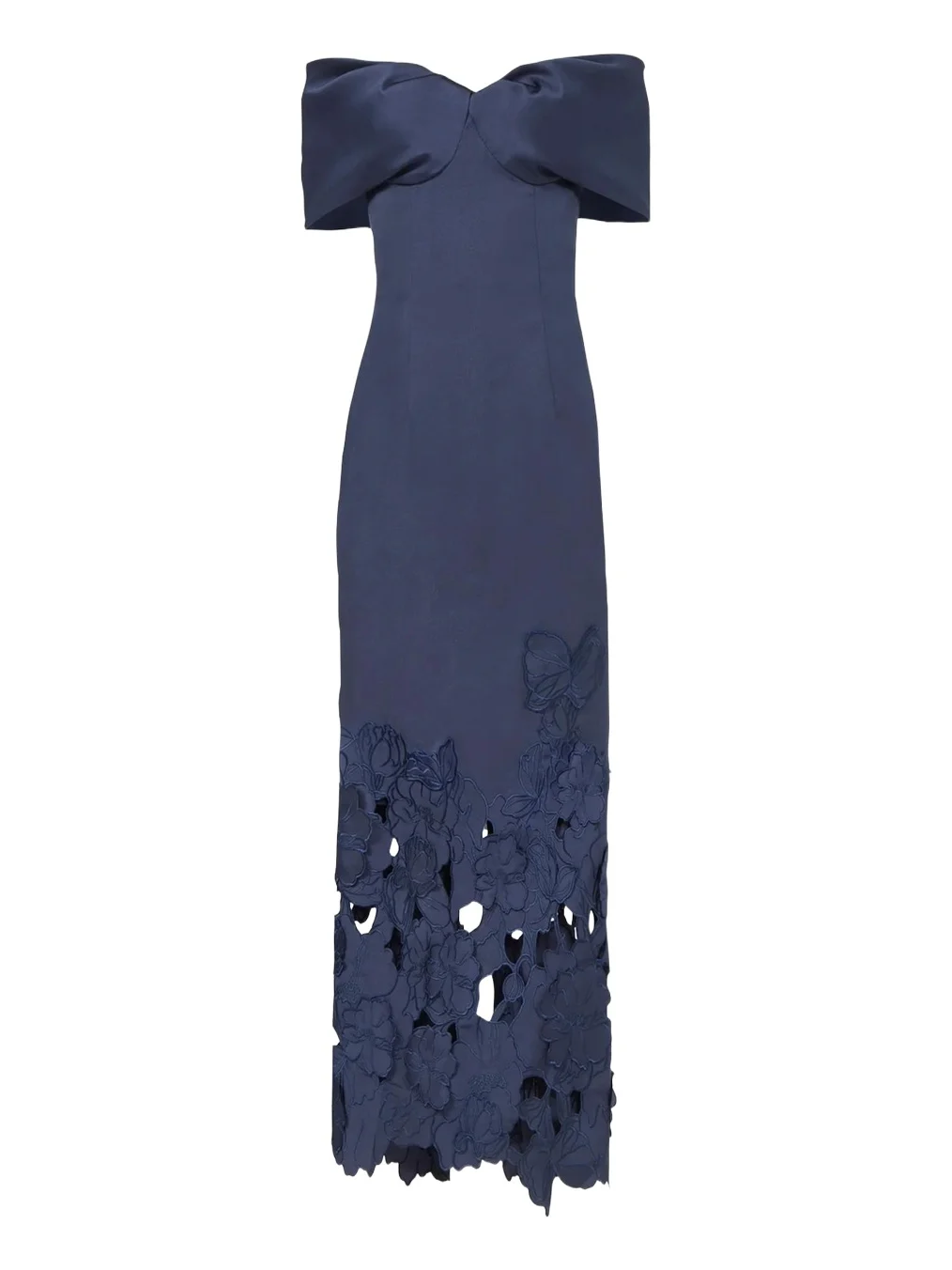 Norelle Satin Off-The-Shoulder Floral-Cut Column Gown Norelle Satin Off-The-Shoulder Floral-Cut Column Gown