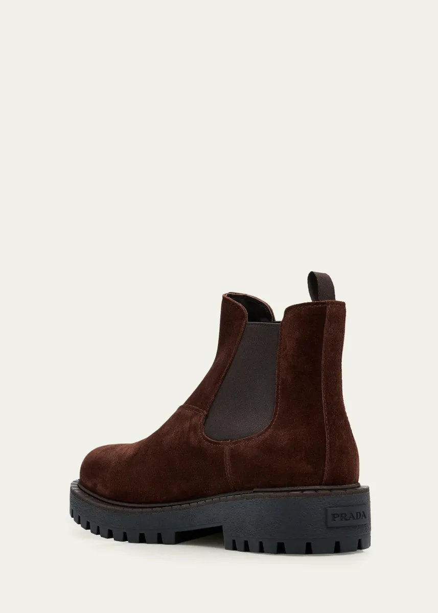 Prada Men's Folder Suede Lug-Sole Chelsea Boots | Thumbnail 4 Prada Men's Folder Suede Lug-Sole Chelsea Boots | Thumbnail 4
