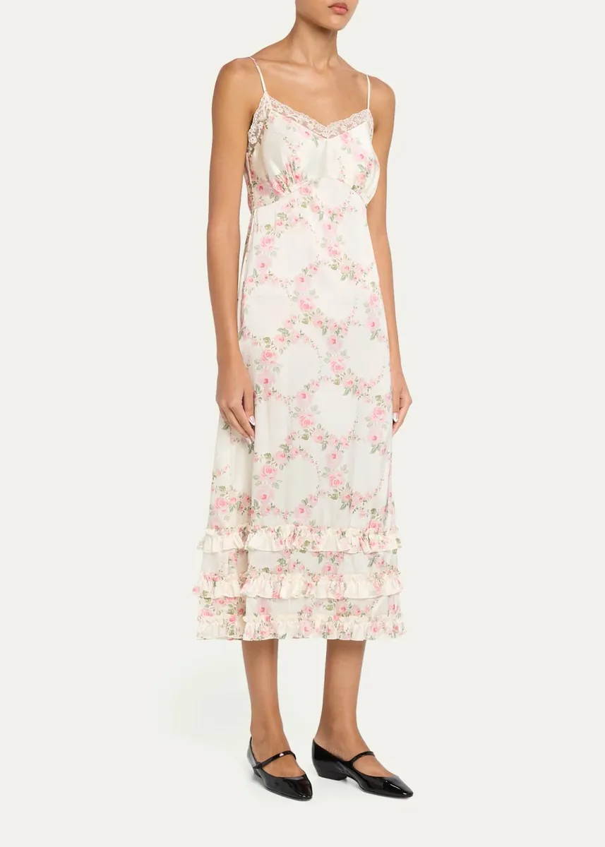 Simone Rocha Floral Satin Tiered Ruffle Midi Slip Dress | Thumbnail 4 Simone Rocha Floral Satin Tiered Ruffle Midi Slip Dress | Thumbnail 4
