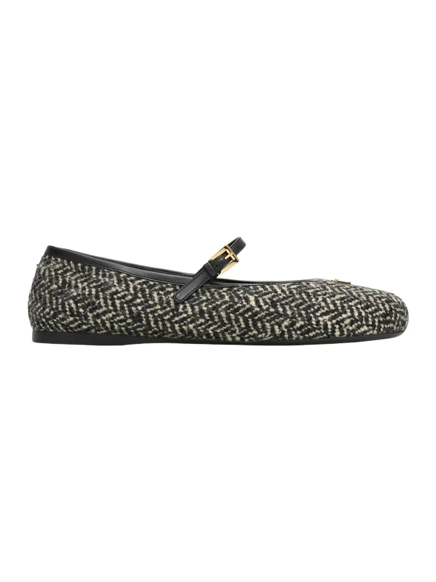 Prada Triangle Logo Tweed Chevron Mary Jane Ballerina Flats