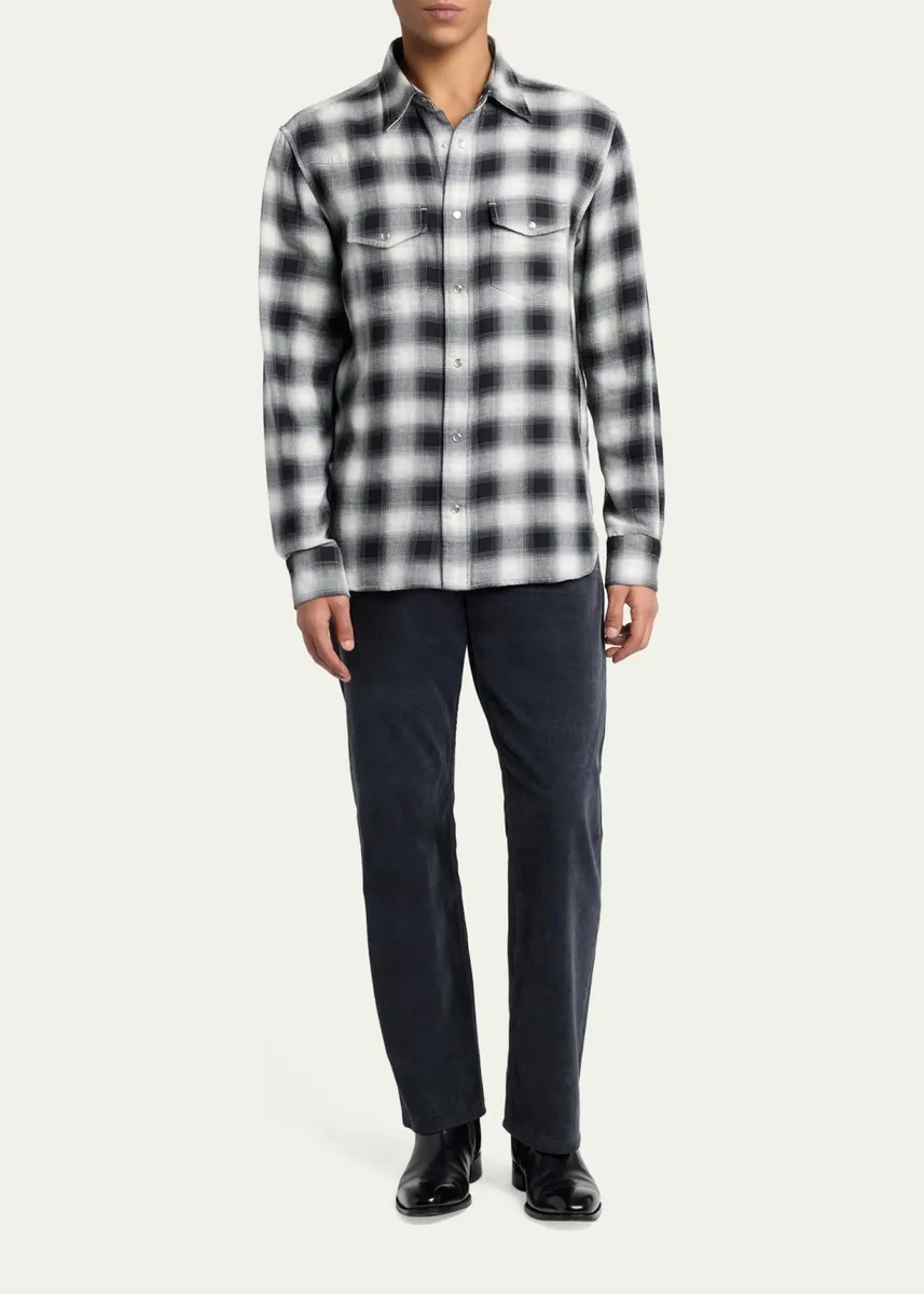 Tom Ford Men's Cotton and Cashmere Check Snap-Front Western Shirt | Thumbnail 2 Tom Ford Men's Cotton and Cashmere Check Snap-Front Western Shirt | Thumbnail 2