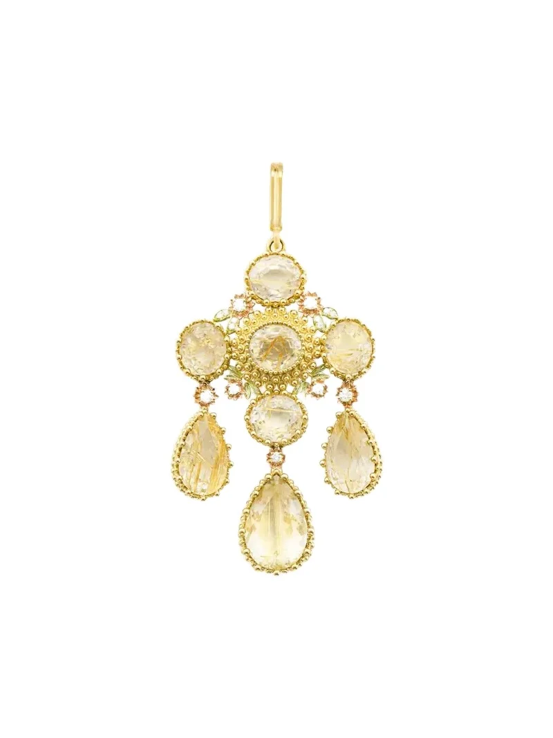 Mellerio 18K Yellow Gold Diamond and Rutilated Quartz Pendant