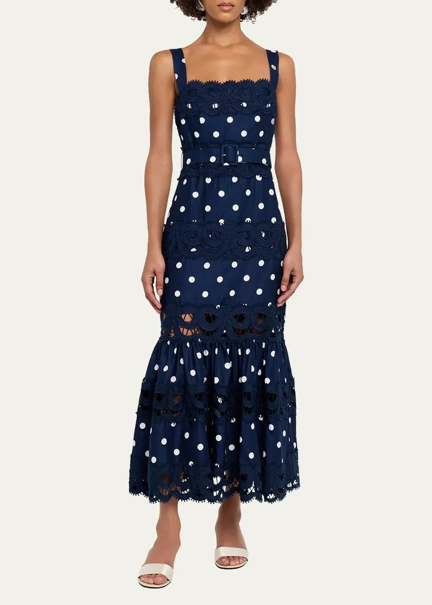 Self-Portrait Polka Dot Linen Midi Dress | Thumbnail 2
