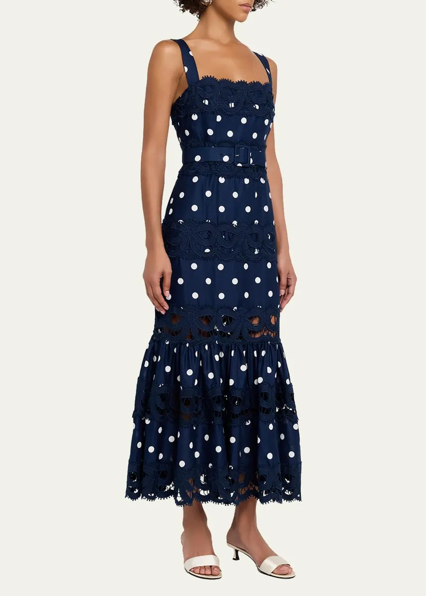 Self-Portrait Polka Dot Linen Midi Dress | Thumbnail 4
