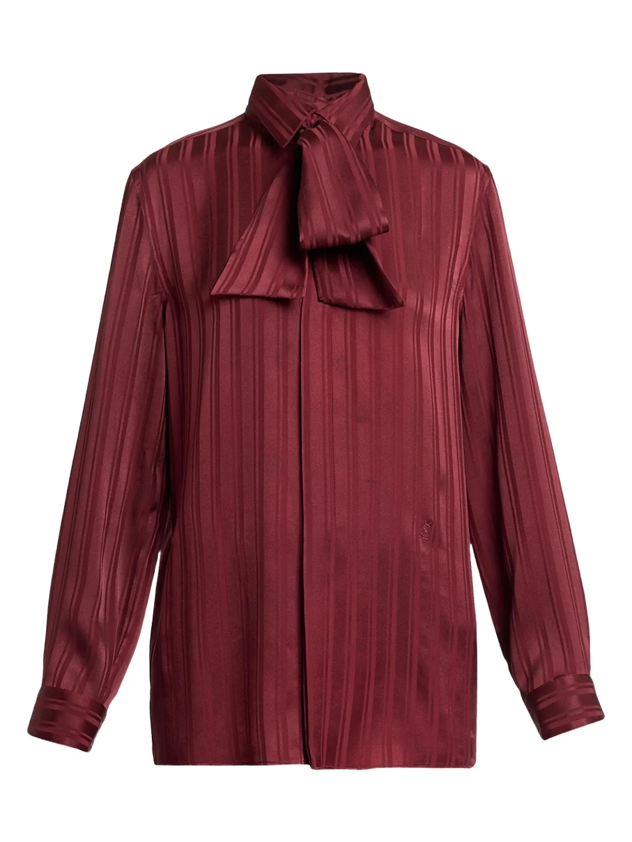 Saint Laurent Striped Silk Jacquard Cassandre Lavalliere Blouse