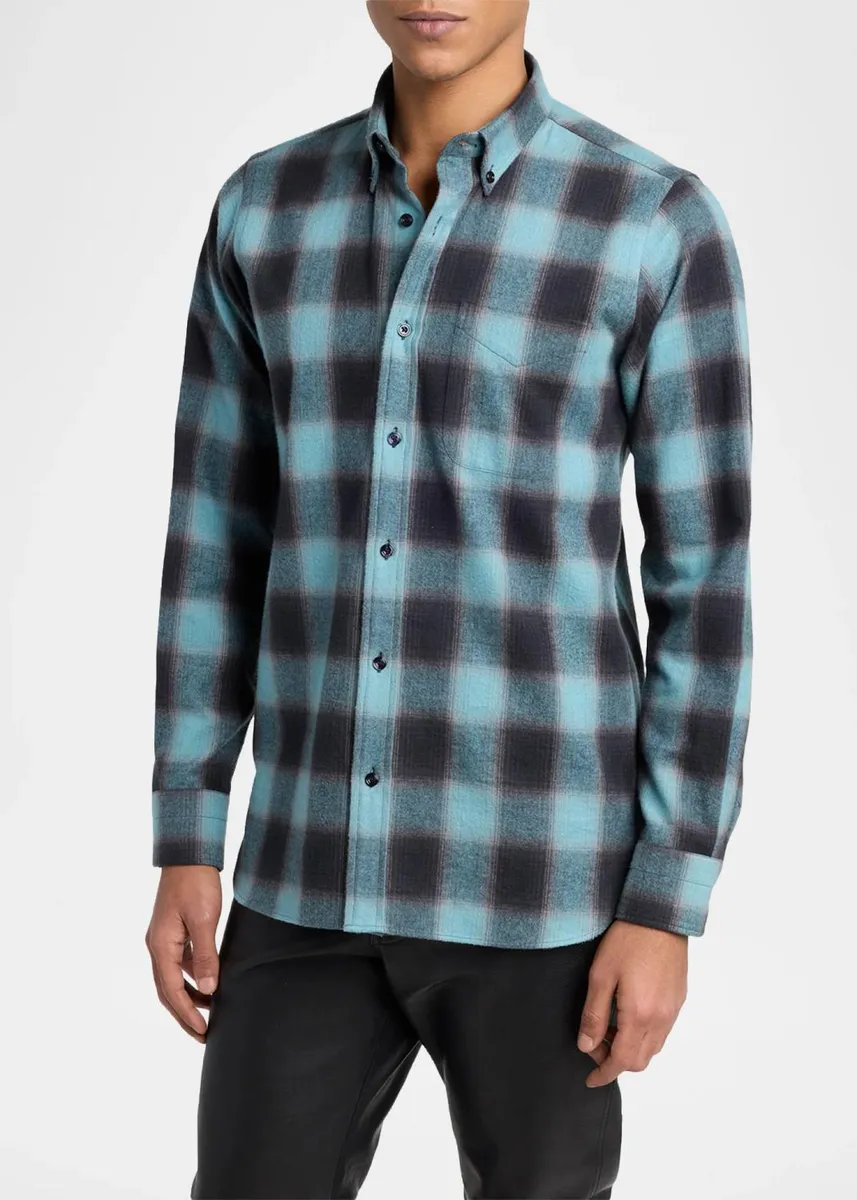 Tom Ford Men's Brushed Flannel Check Button-Down Shirt | Thumbnail 4 Tom Ford Men's Brushed Flannel Check Button-Down Shirt | Thumbnail 4