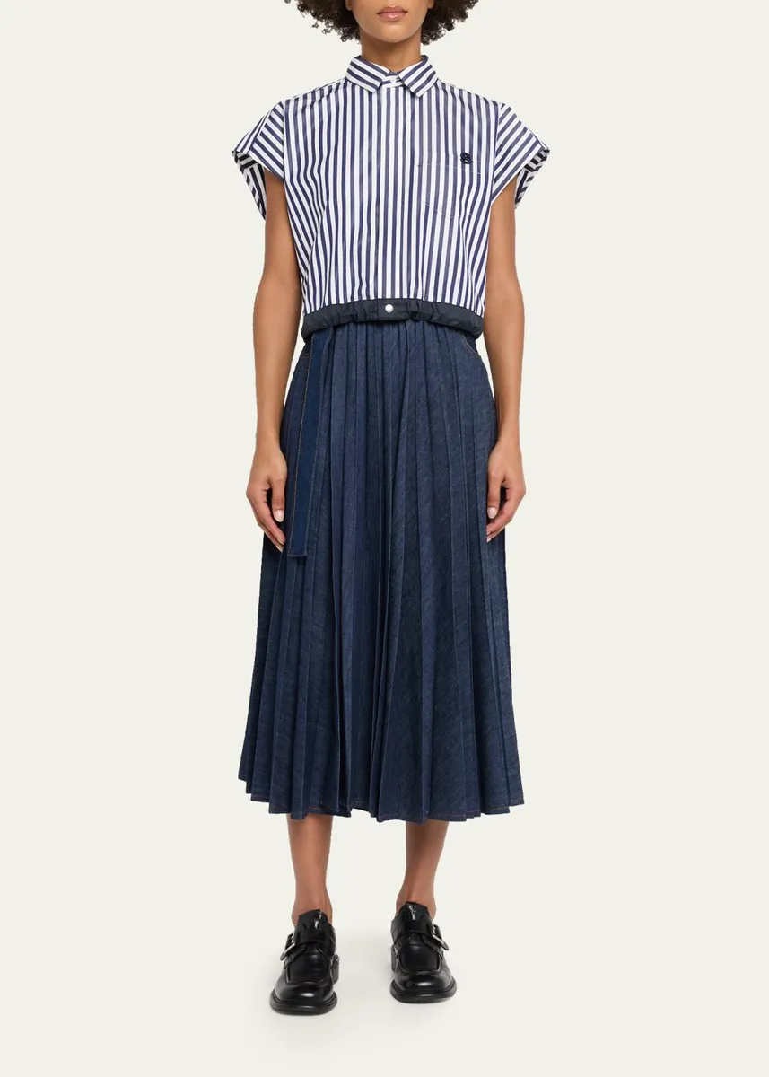Sacai Belted Pleated Denim Midi Skirt | Thumbnail 2