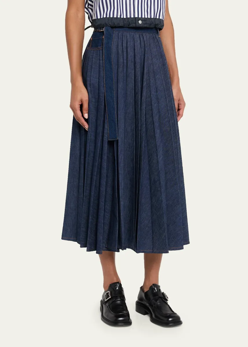 Sacai Belted Pleated Denim Midi Skirt | Thumbnail 4