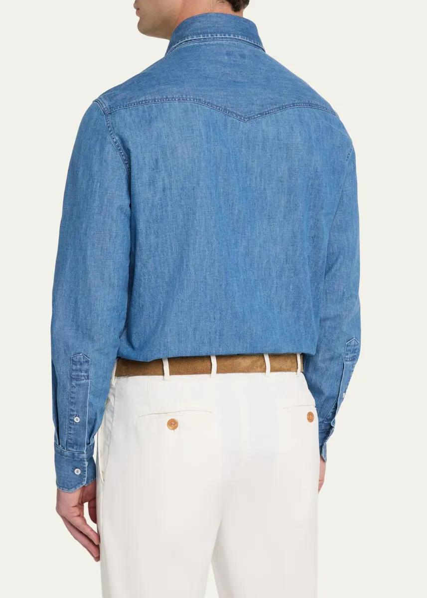 Brunello Cucinelli Men's Denim Flap-Pocket Western Sport Shirt | Thumbnail 3 Brunello Cucinelli Men's Denim Flap-Pocket Western Sport Shirt | Thumbnail 3