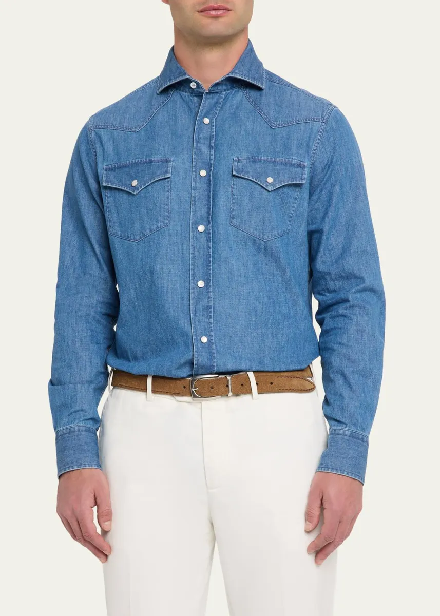 Brunello Cucinelli Men's Denim Flap-Pocket Western Sport Shirt | Thumbnail 4 Brunello Cucinelli Men's Denim Flap-Pocket Western Sport Shirt | Thumbnail 4