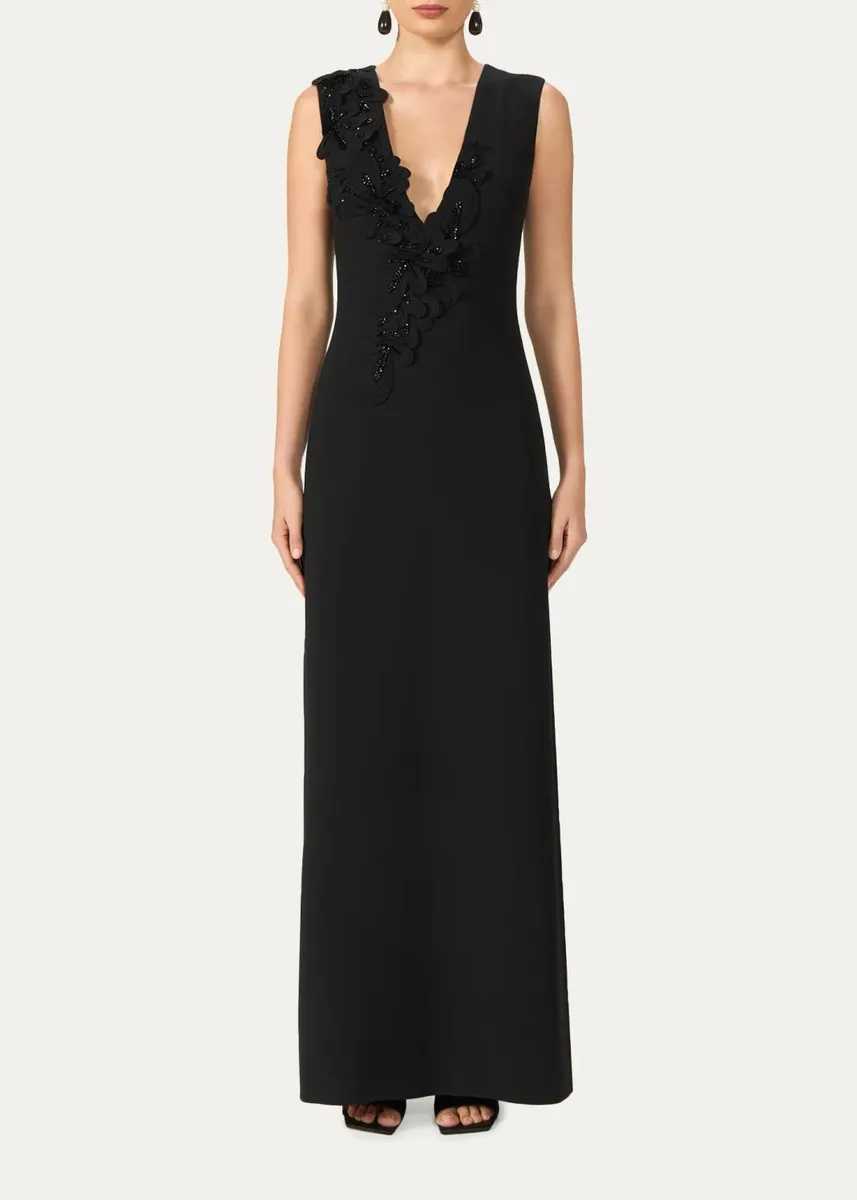 Costarellos Jevi Embellished V-Neck Crepe Sleeveless Column Gown | Thumbnail 2 Costarellos Jevi Embellished V-Neck Crepe Sleeveless Column Gown | Thumbnail 2
