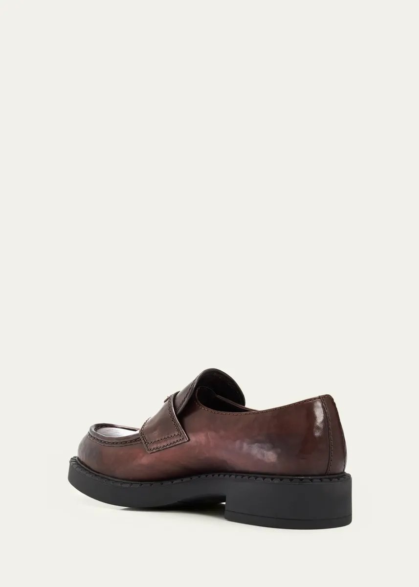 Prada Men's Leather Enamel Logo Moc-Toe Penny Loafers | Thumbnail 2 Prada Men's Leather Enamel Logo Moc-Toe Penny Loafers | Thumbnail 2