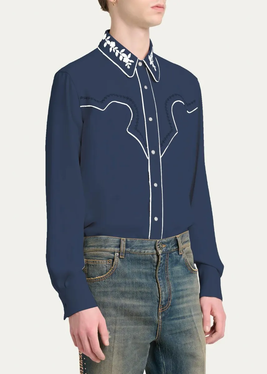 AMIRI Men's Embroidered-Trim Western Shirt | Thumbnail 4 AMIRI Men's Embroidered-Trim Western Shirt | Thumbnail 4
