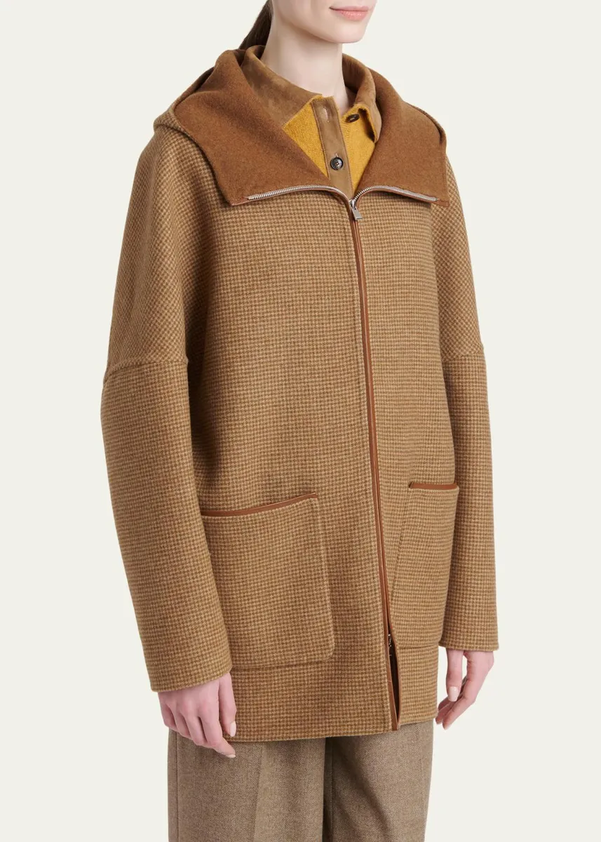 Kiton Houndstooth Wool-Cashmere Hooded Overcoat | Thumbnail 4
