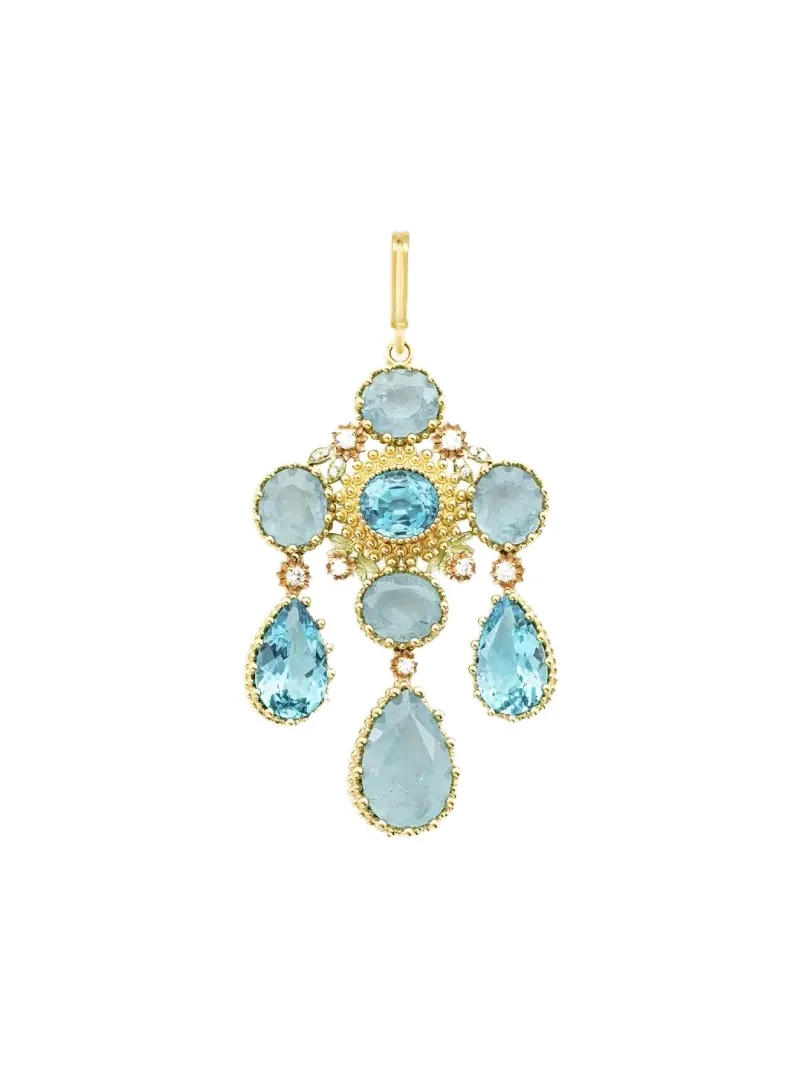 18K Yellow Gold Diamond, Aquamarine and Blue Topaz Pendant 18K Yellow Gold Diamond, Aquamarine and Blue Topaz Pendant