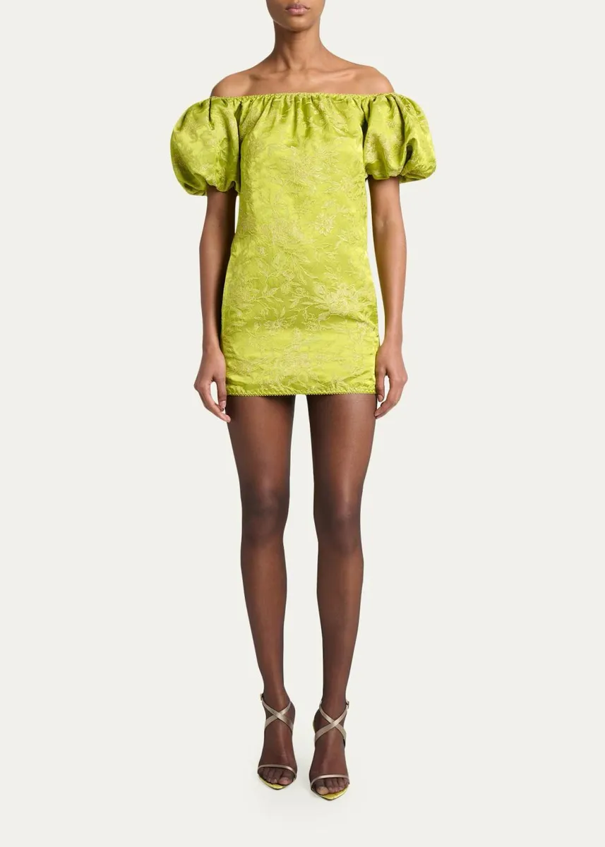 Saint Laurent Duchesse Satin Brocade Puff-Sleeve Mini Dress | Thumbnail 2 Saint Laurent Duchesse Satin Brocade Puff-Sleeve Mini Dress | Thumbnail 2