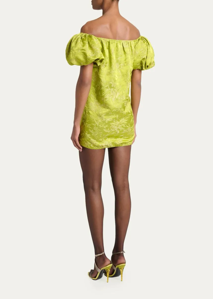 Saint Laurent Duchesse Satin Brocade Puff-Sleeve Mini Dress | Thumbnail 3 Saint Laurent Duchesse Satin Brocade Puff-Sleeve Mini Dress | Thumbnail 3