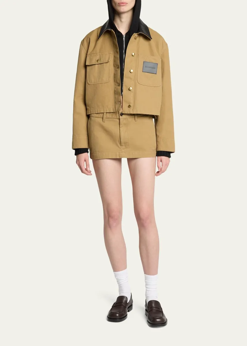 Balenciaga Leather-Collar Cropped Canvas Workwear Jacket | Thumbnail 2